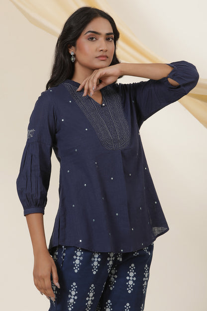 Indigo Blue Embroidered Cotton Slub Top