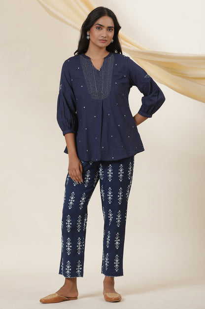 Indigo Blue Embroidered Cotton Slub Top