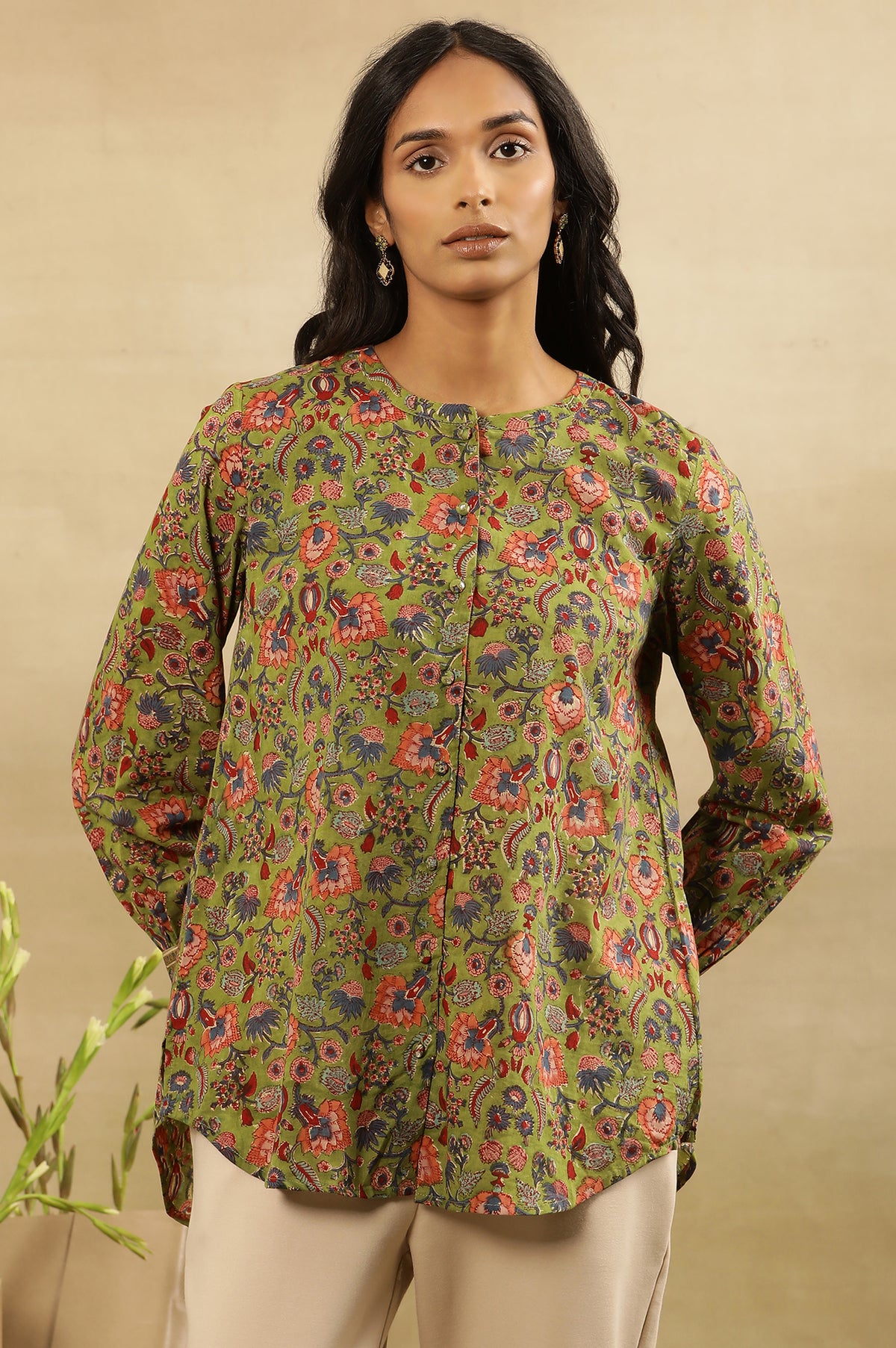 Green Block Print Top With Gathered Sleeves - XS