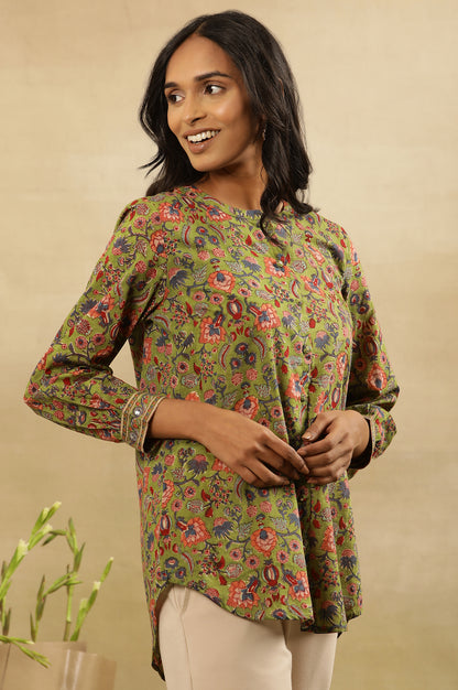 Green Block Print Top With Gathered Sleeves