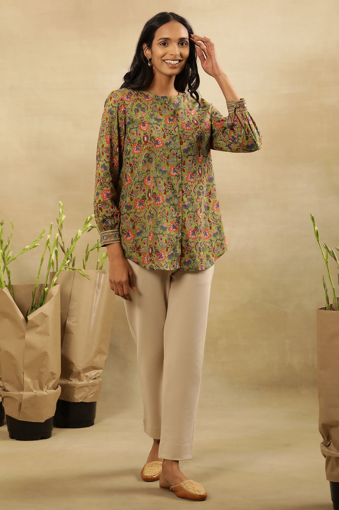 Green Block Print Top With Gathered Sleeves
