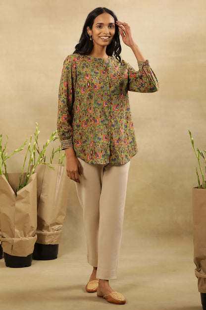Green Block Print Top With Gathered Sleeves