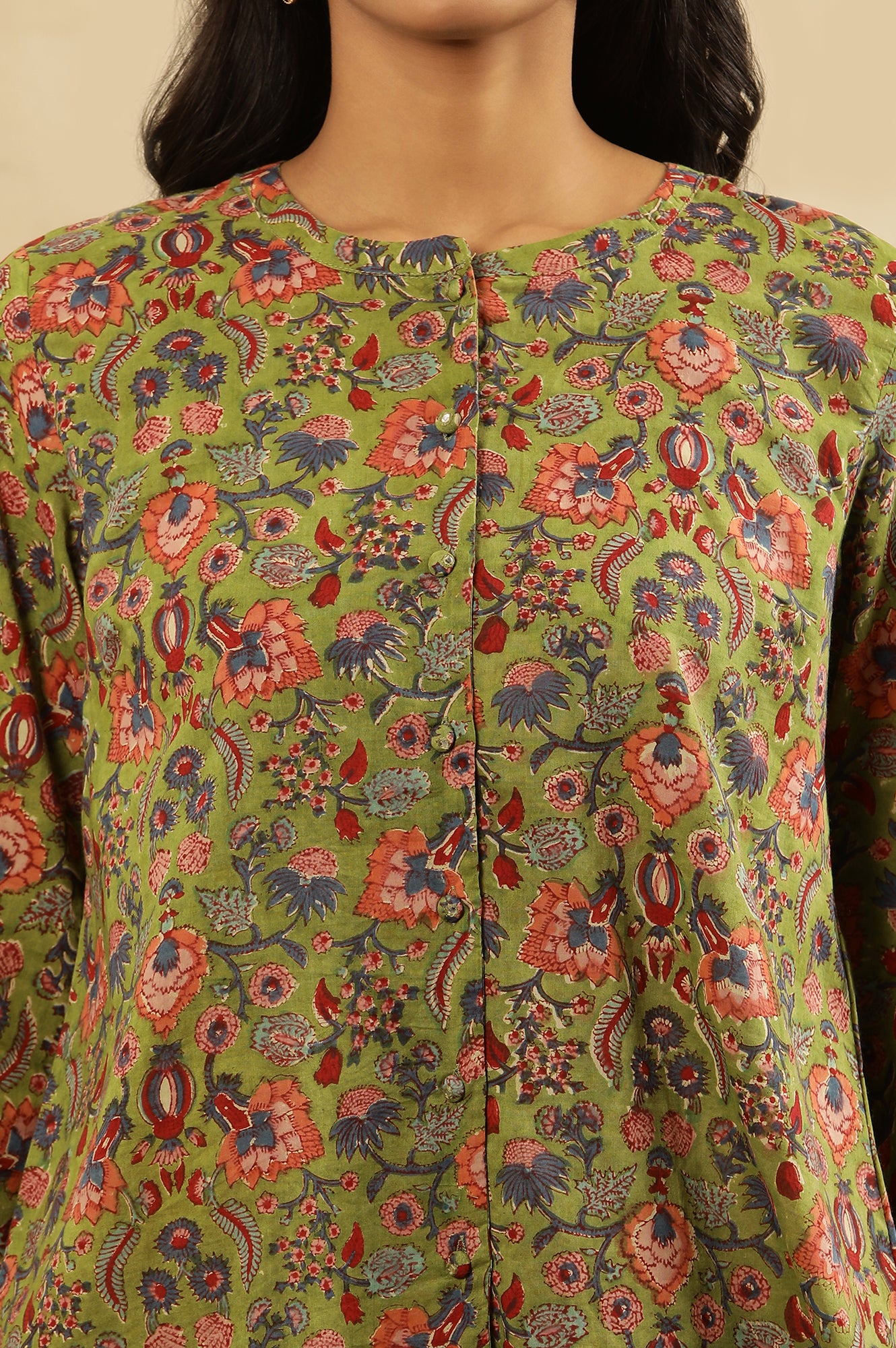 Green Block Print Top With Gathered Sleeves