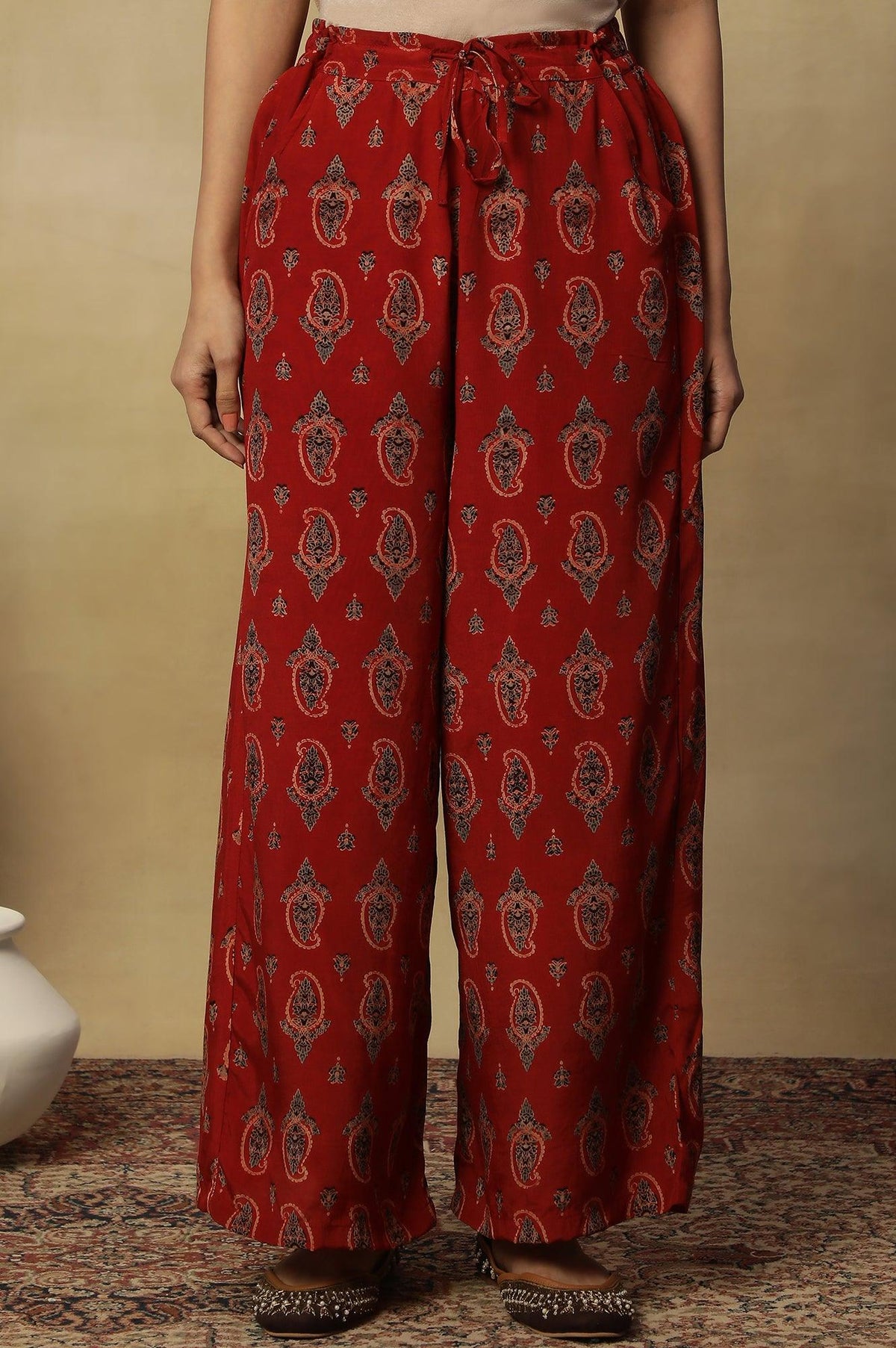 Red Printed Embroidered Red Parallel Pants - S
