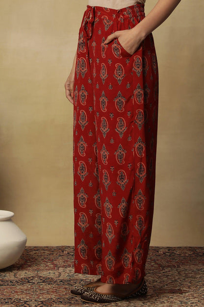 Red Printed Embroidered Red Parallel Pants - wforwoman