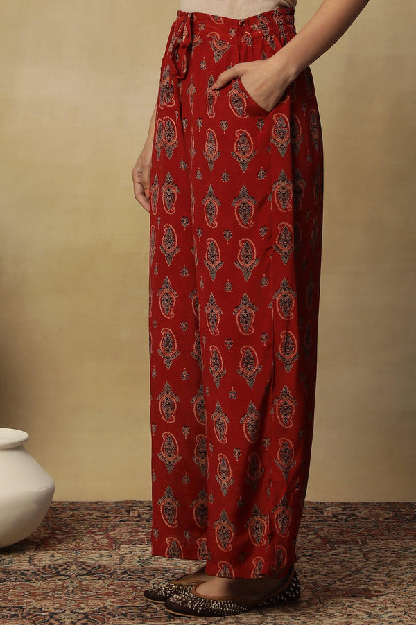 Red Printed Embroidered Red Parallel Pants