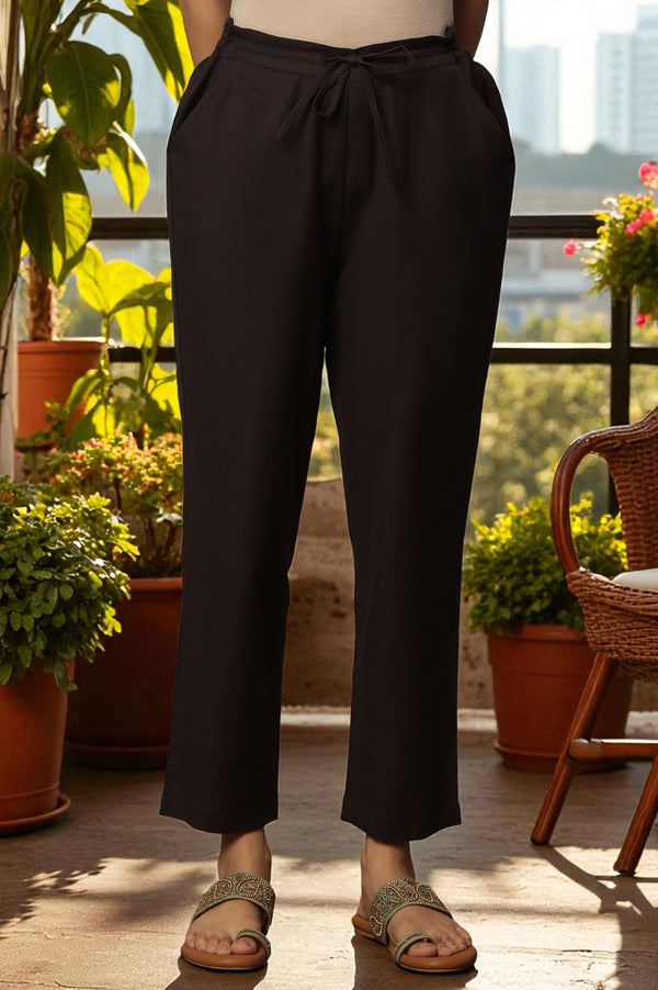 Coffee Brown Straight Pants In Cotton Flax