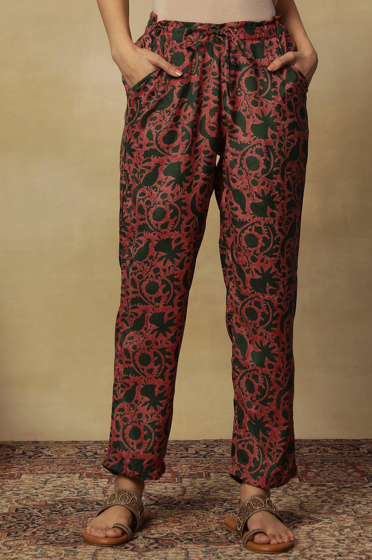 Jungle Green Block Printed Straight Pants - S