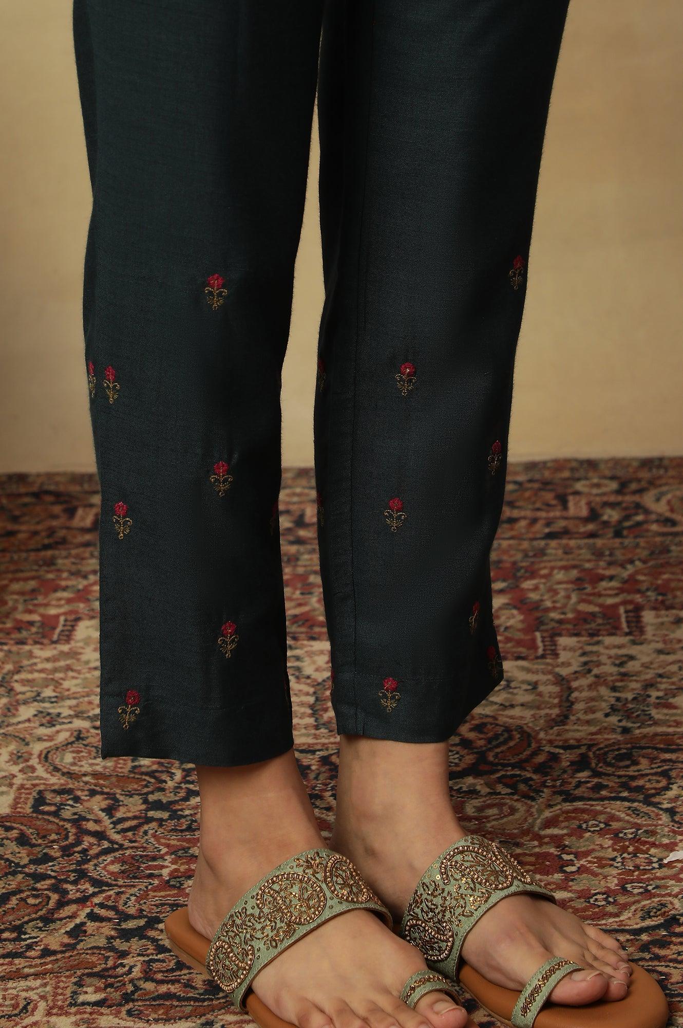 Teal Blue Embroidered Slim Pants - wforwoman
