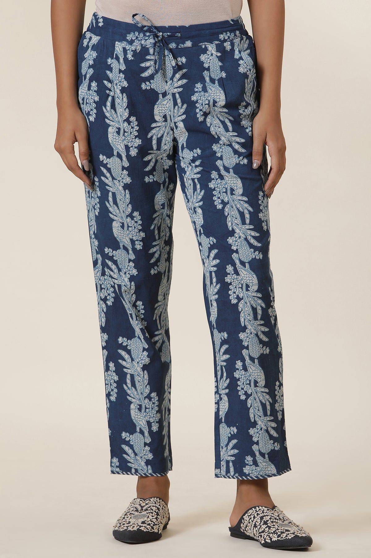 Indigo Block Print Straight Pants - S