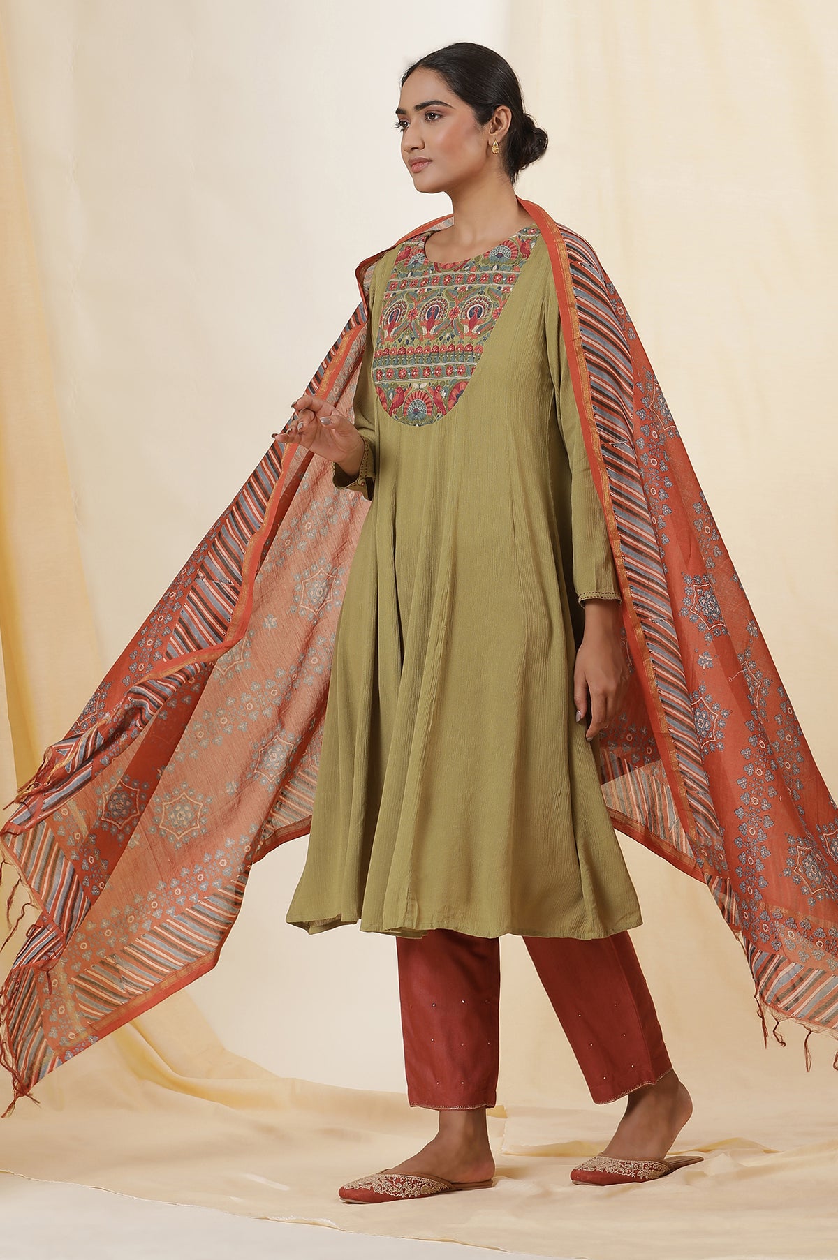 Rust Block Printed Drape In Chanderi - FS