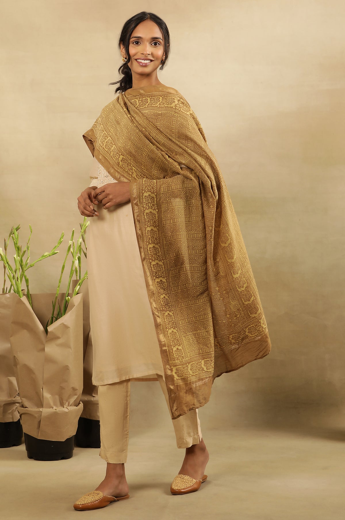 Khakhi Brown Block Printed Chanderi Drape - FS