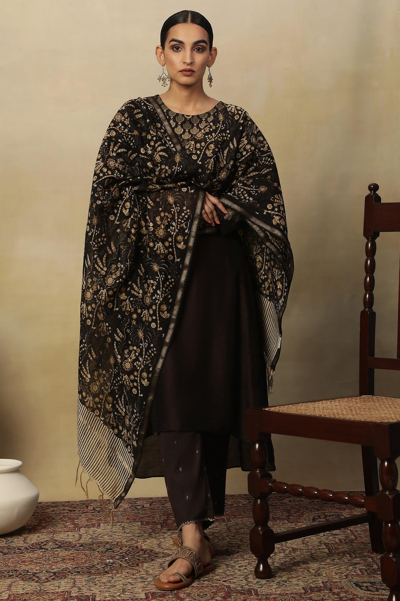 Coffee Bean Block Printed Chanderi Drape - wforwoman