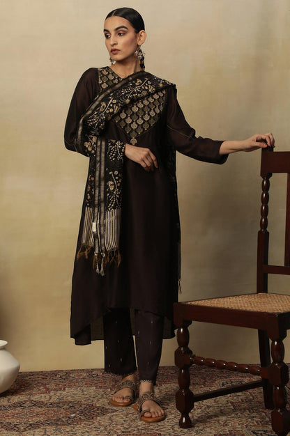 Coffee Bean Block Printed Chanderi Drape - wforwoman