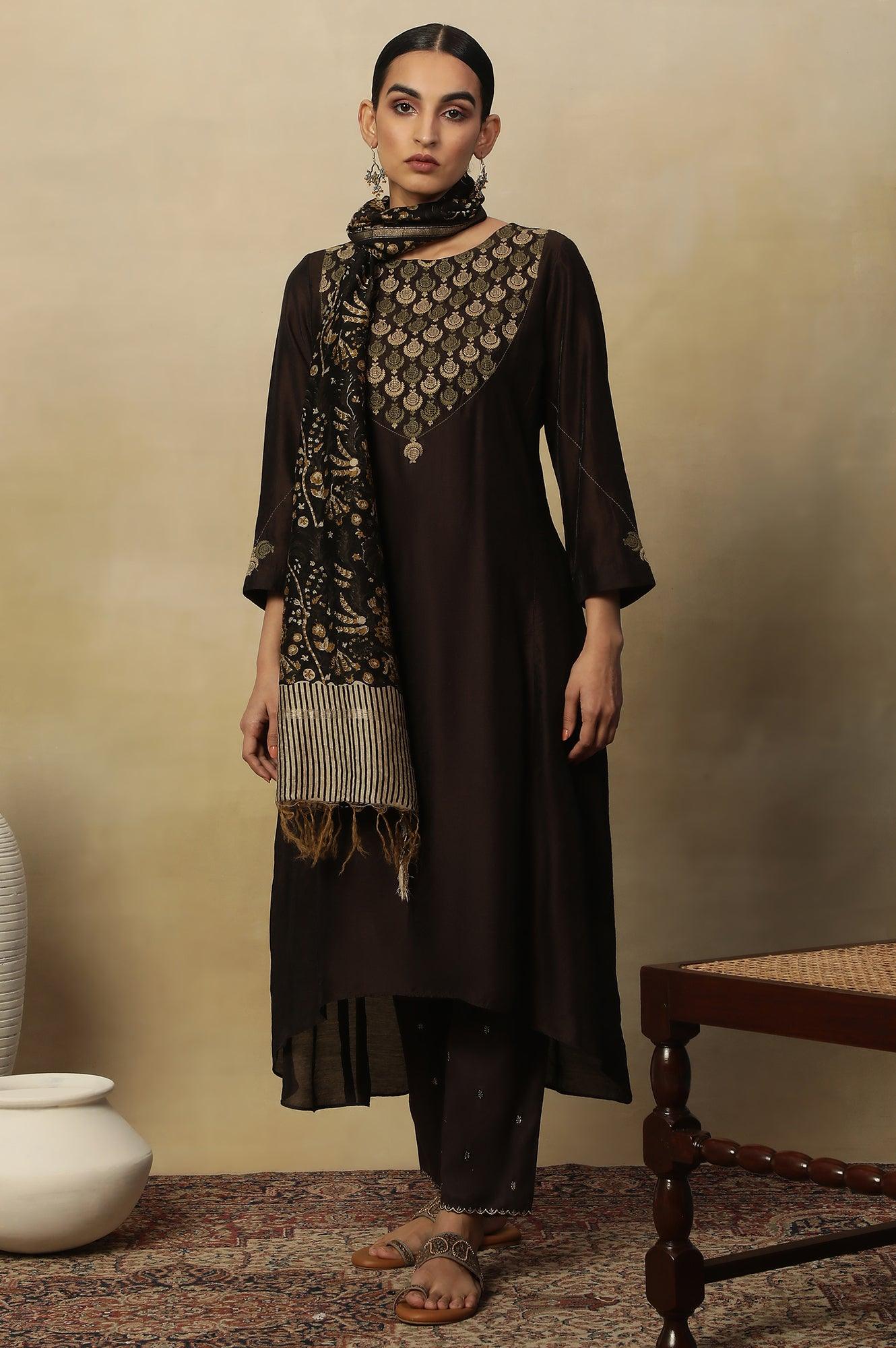 Coffee Bean Block Printed Chanderi Drape - wforwoman