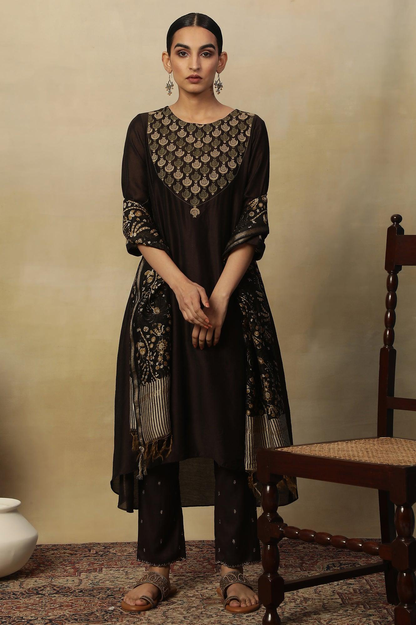 Coffee Bean Block Printed Chanderi Drape - wforwoman