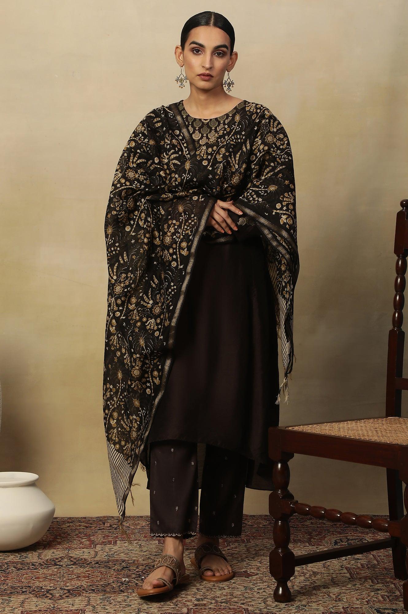 Coffee Bean Block Printed Chanderi Drape - wforwoman