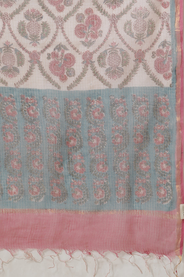 Ecru Block Printed Kota Doria Drape