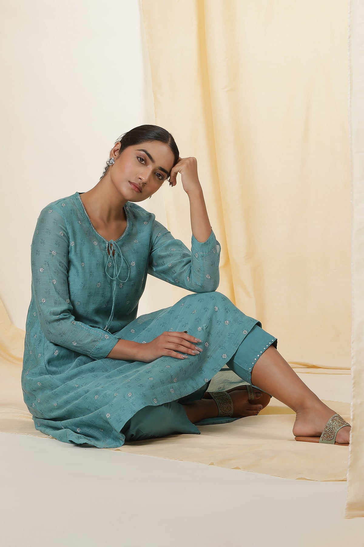 Blue Rogan Block Printed Kurta And Pants Set - XL