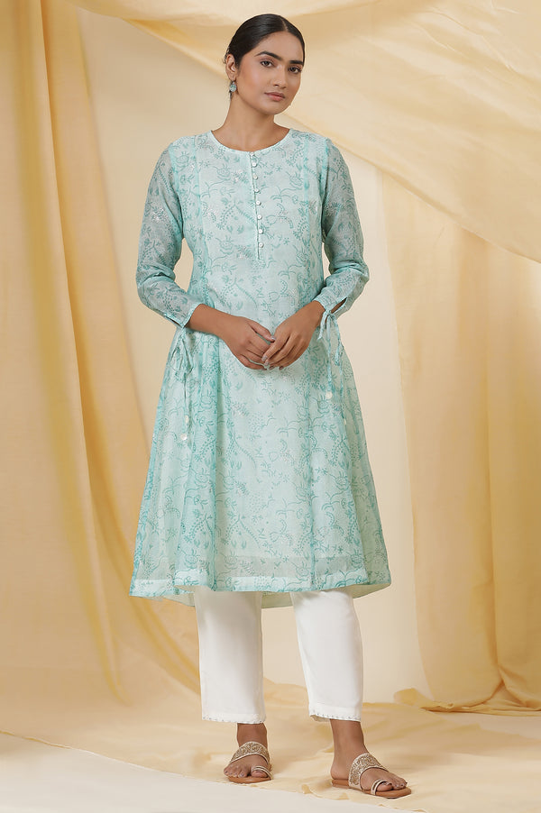 Light Green Block Printed A-Line Cotton Silk Kurta And Straight Pants Set