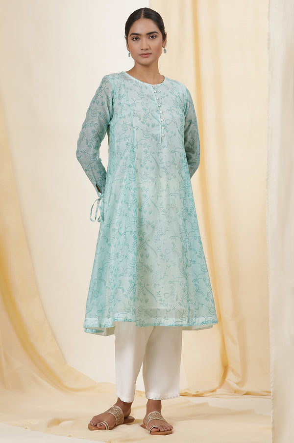Light Green Block Printed A-Line Cotton Silk Kurta And Straight Pants Set