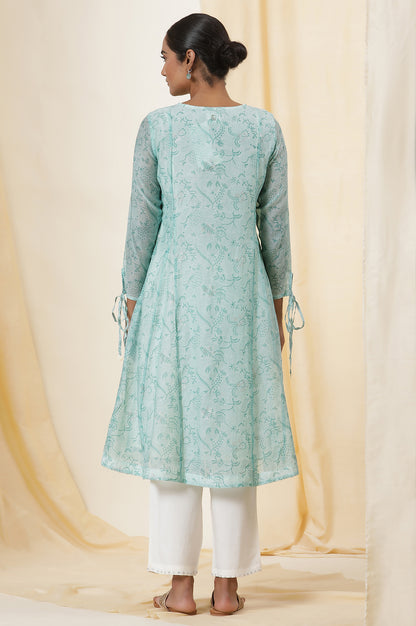 Light Green Block Printed A-Line Cotton Silk Kurta And Straight Pants Set