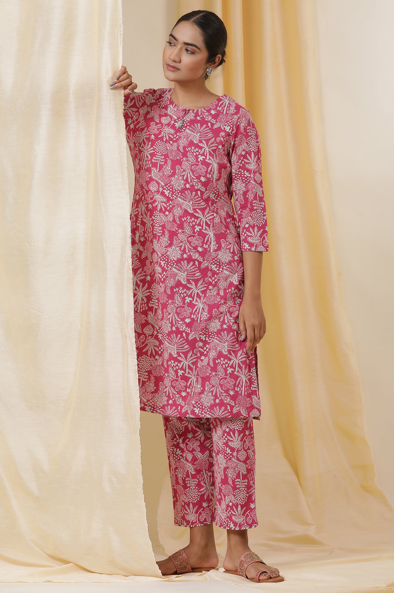 Pink Handblock Printed Cotton Kurta And Pants Co-Ord Set