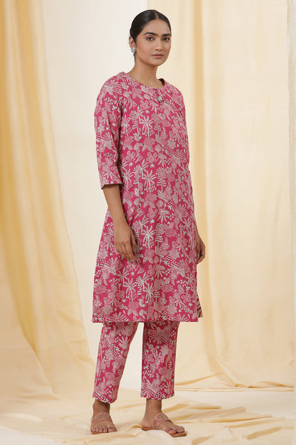 Pink Handblock Printed Cotton Kurta And Pants Co-Ord Set