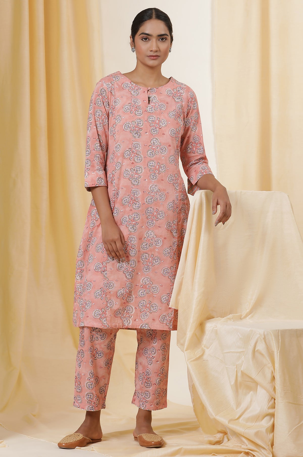 Virtual Pink Hand Block Print Cotton Kurta And Pants Set - XS