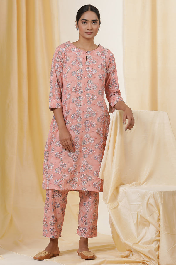 Virtual Pink Hand Block Print Cotton Kurta And Pants Set