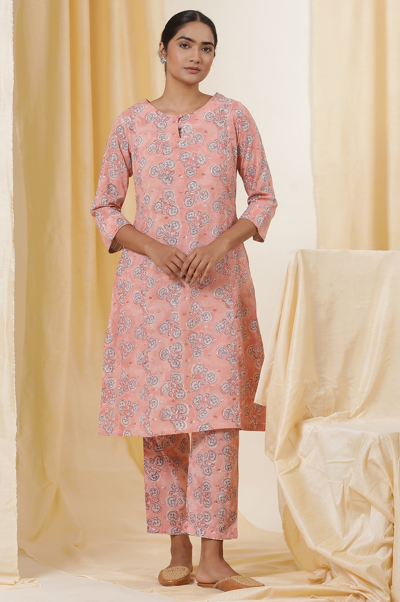 Virtual Pink Hand Block Print Cotton Kurta And Pants Set