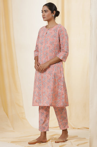 Virtual Pink Hand Block Print Cotton Kurta And Pants Set
