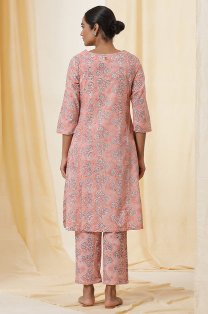 Virtual Pink Hand Block Print Cotton Kurta And Pants Set