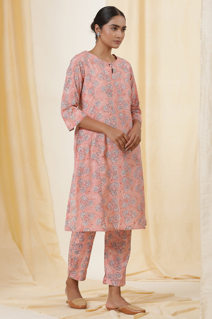 Virtual Pink Hand Block Print Cotton Kurta And Pants Set