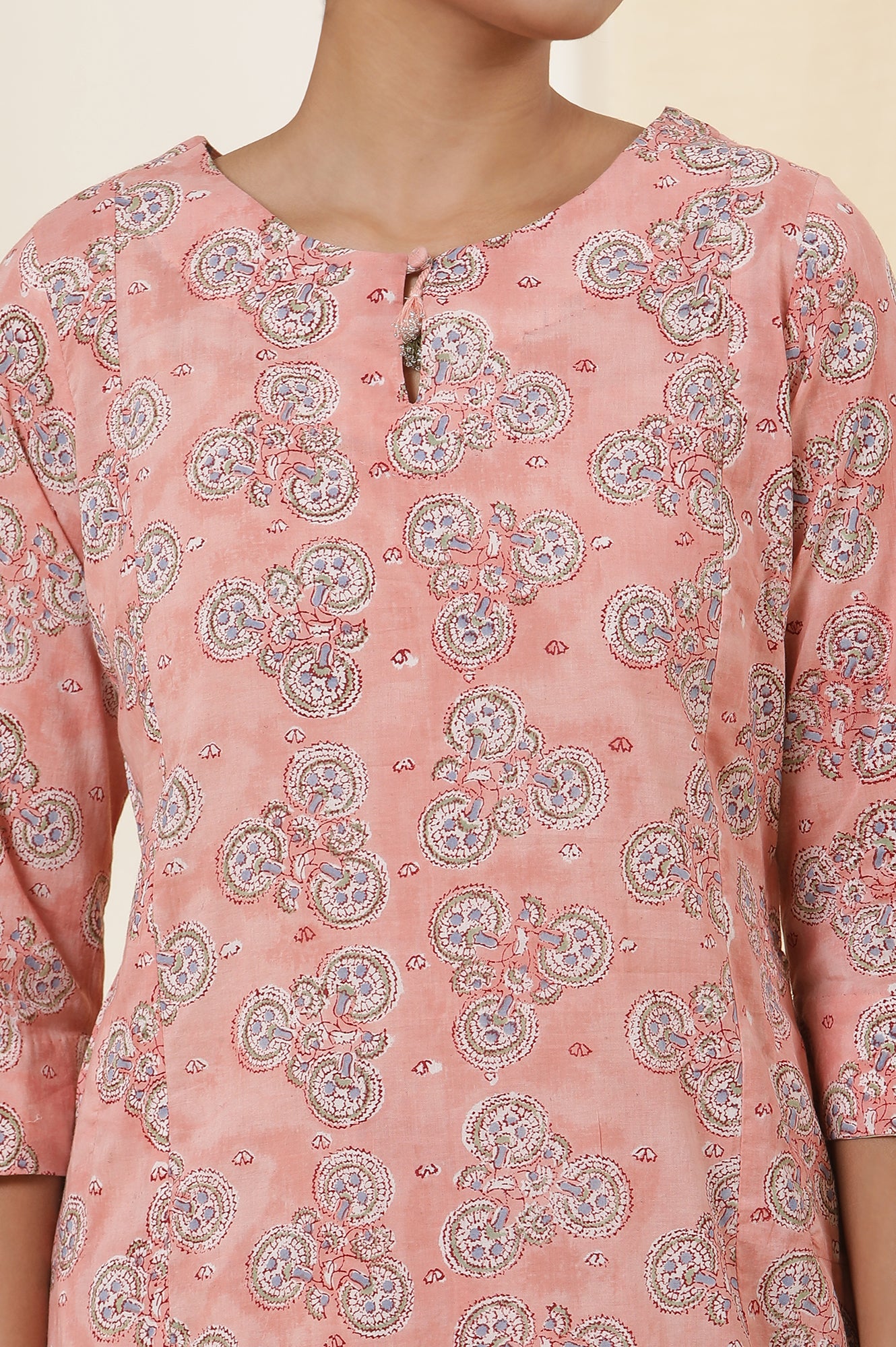 Virtual Pink Hand Block Print Cotton Kurta And Pants Set