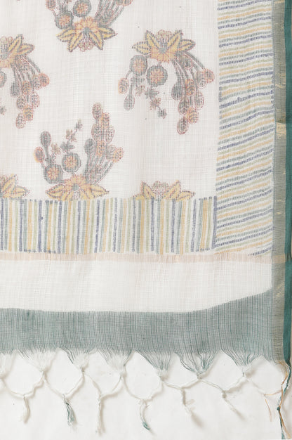 Ecru Floral Multi-Colored Hand Block Print Kurta, Pants And Dupatta Set