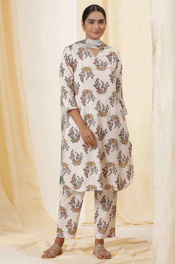 Ecru Floral Multi-Colored Hand Block Print Kurta, Pants And Dupatta Set