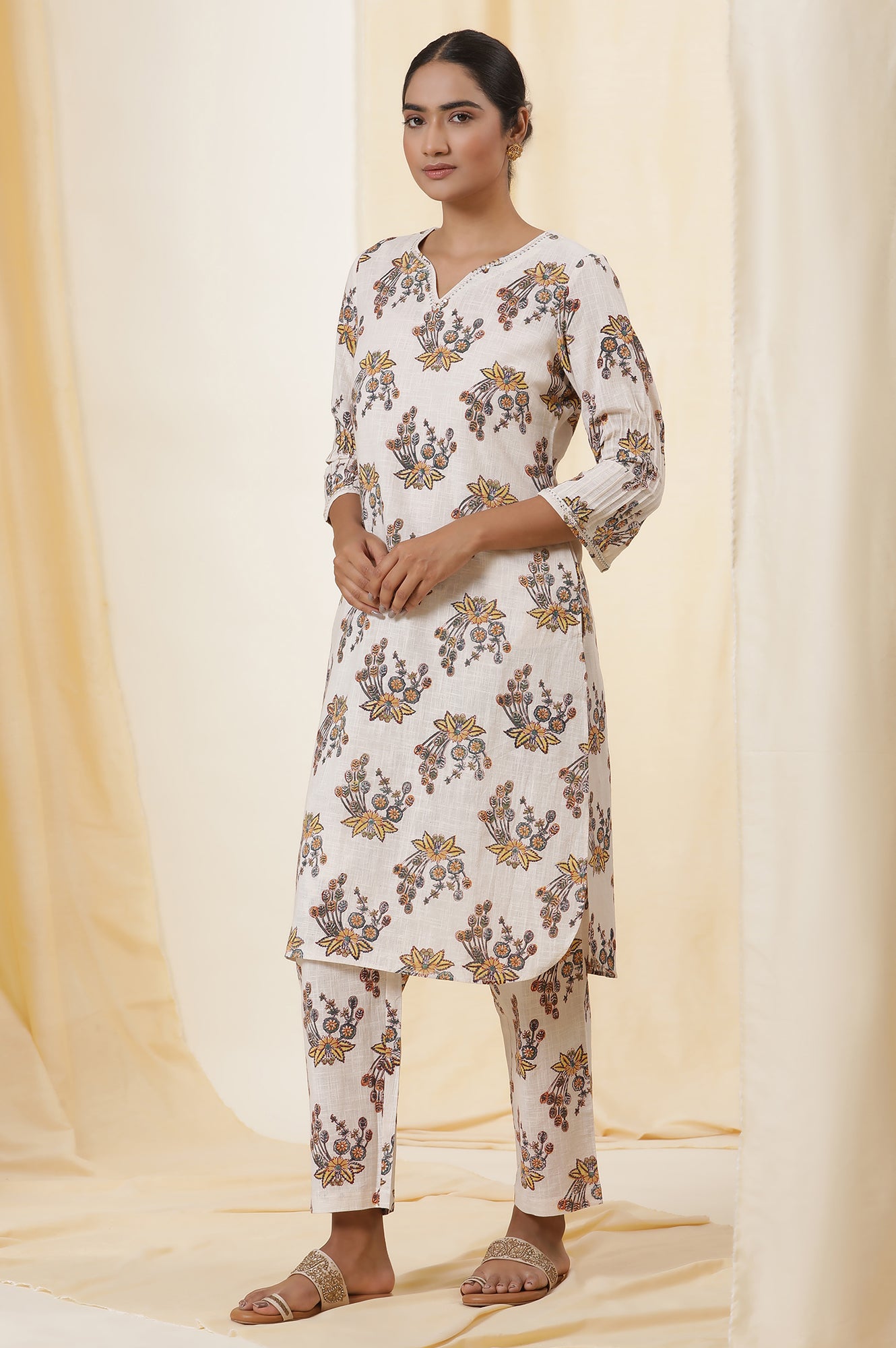 Ecru Floral Multi-Colored Hand Block Print Kurta, Pants And Dupatta Set