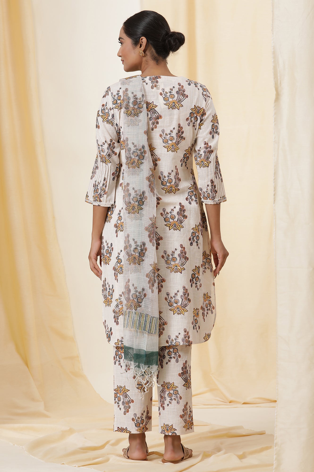 Ecru Floral Multi-Colored Hand Block Print Kurta, Pants And Dupatta Set