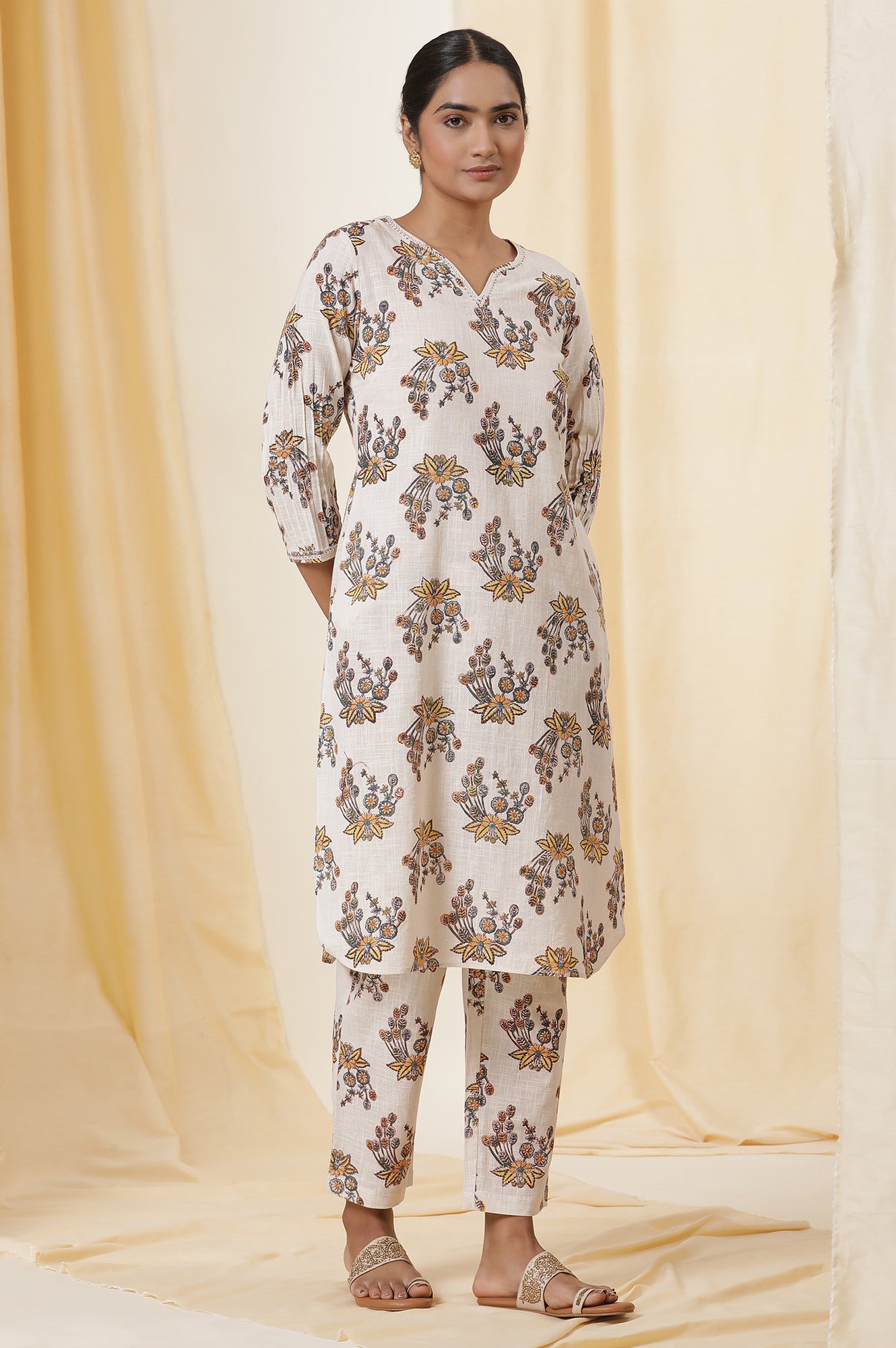 Ecru Floral Multi-Colored Hand Block Print Kurta, Pants And Dupatta Set