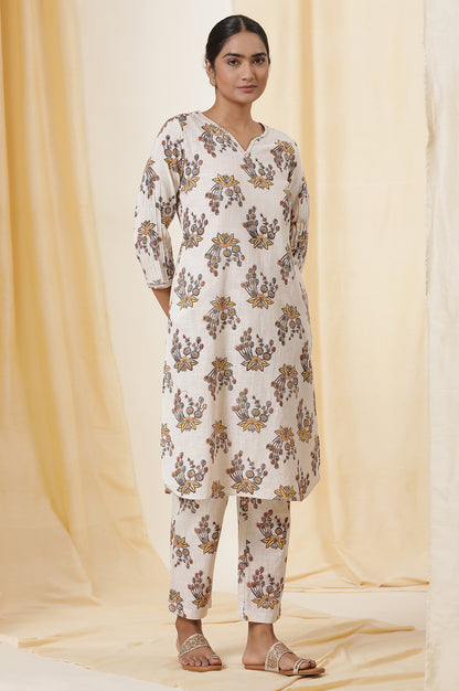 Ecru Floral Multi-Colored Hand Block Print Kurta, Pants And Dupatta Set