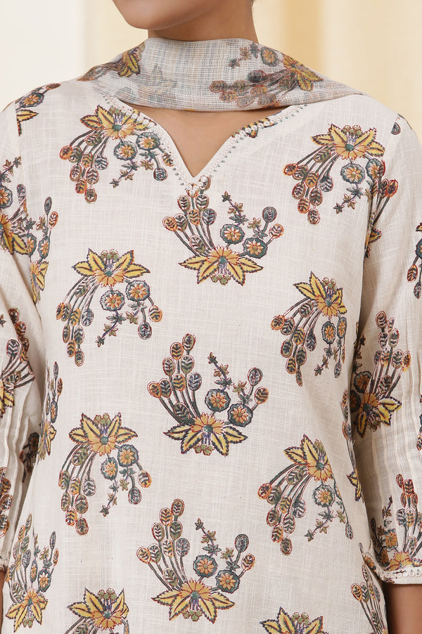 Ecru Floral Multi-Colored Hand Block Print Kurta, Pants And Dupatta Set