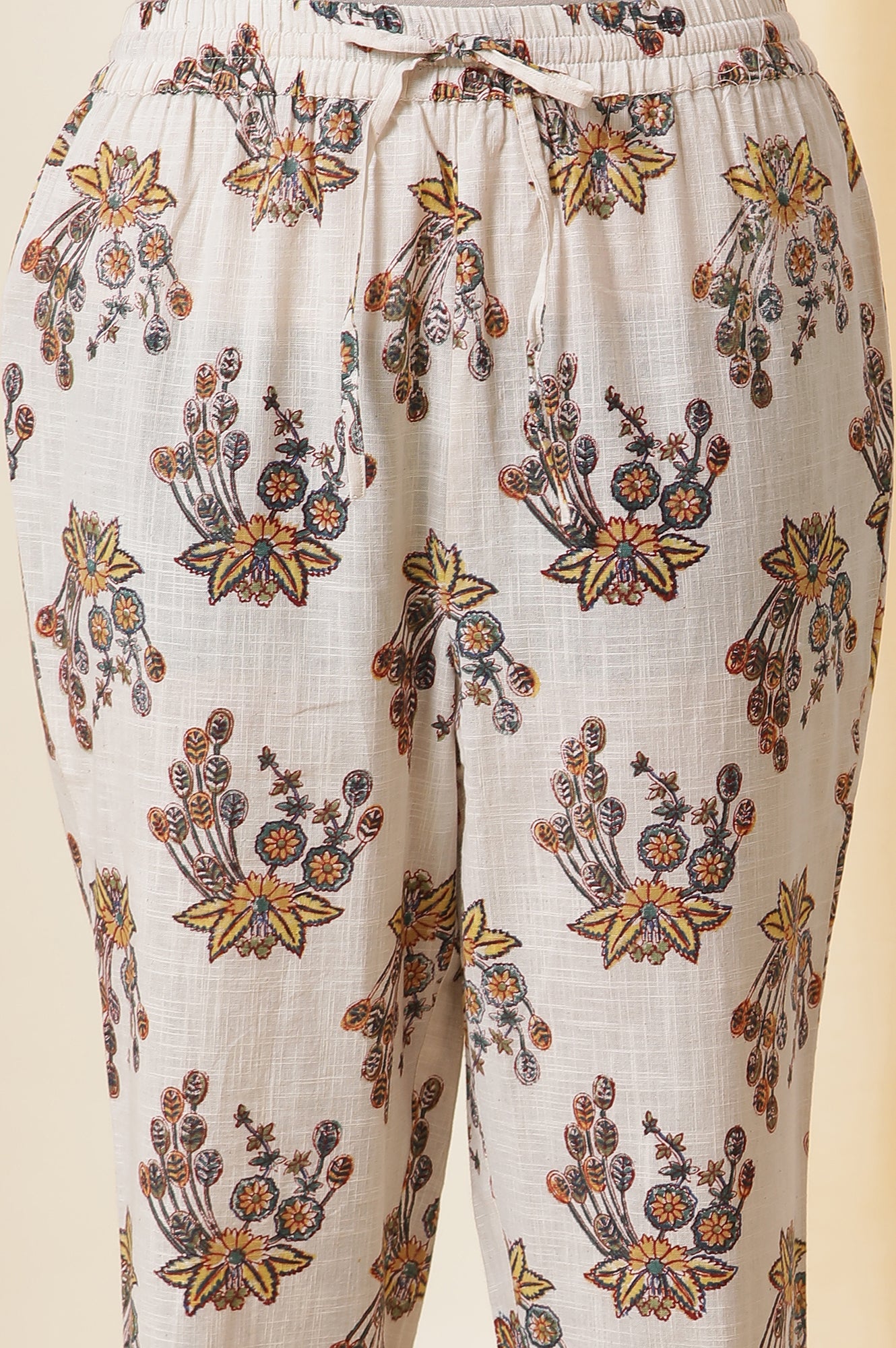 Ecru Floral Multi-Colored Hand Block Print Kurta, Pants And Dupatta Set