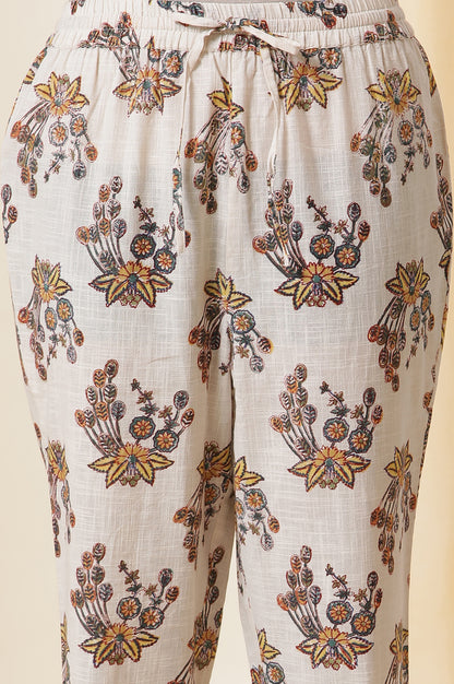 Ecru Floral Multi-Colored Hand Block Print Kurta, Pants And Dupatta Set