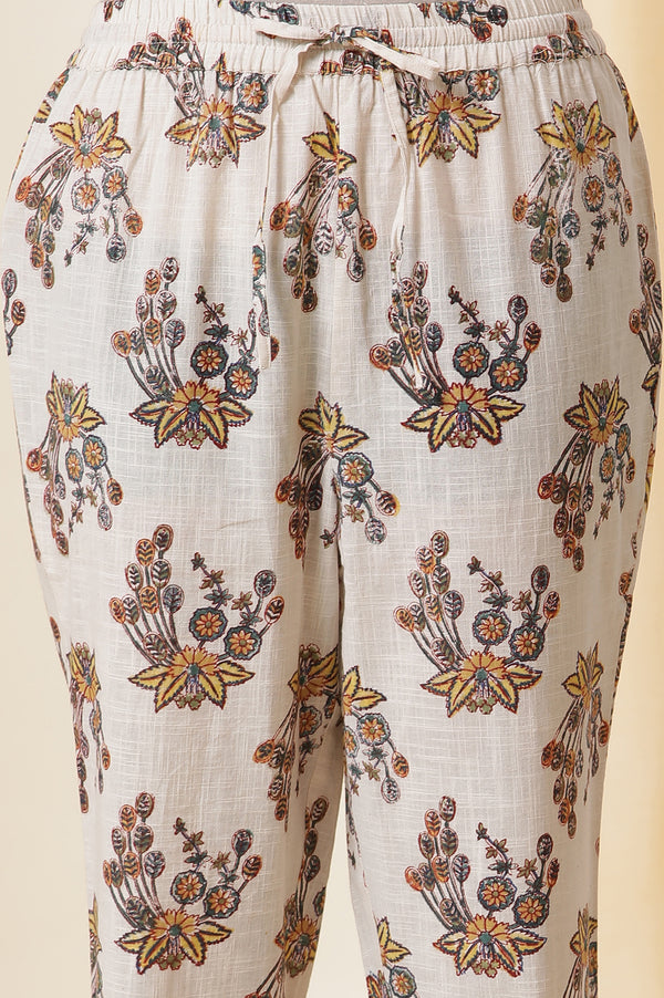 Ecru Floral Multi-Colored Hand Block Print Kurta, Pants And Dupatta Set
