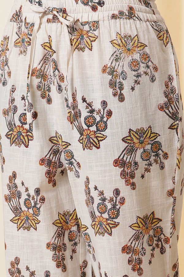 Ecru Floral Multi-Colored Hand Block Print Kurta, Pants And Dupatta Set