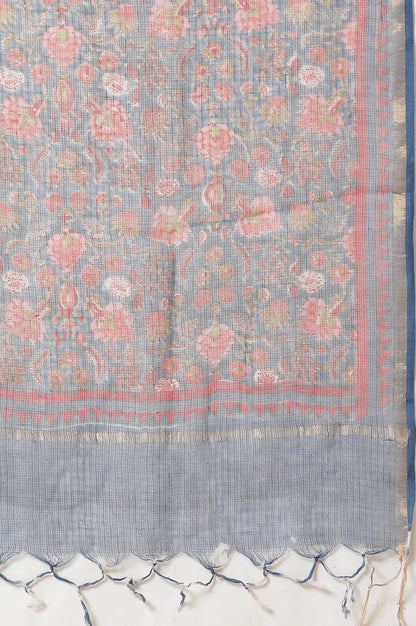 Blue Floral Multi-Colored Hand Block Print Kurta, Pants And Dupatta Set