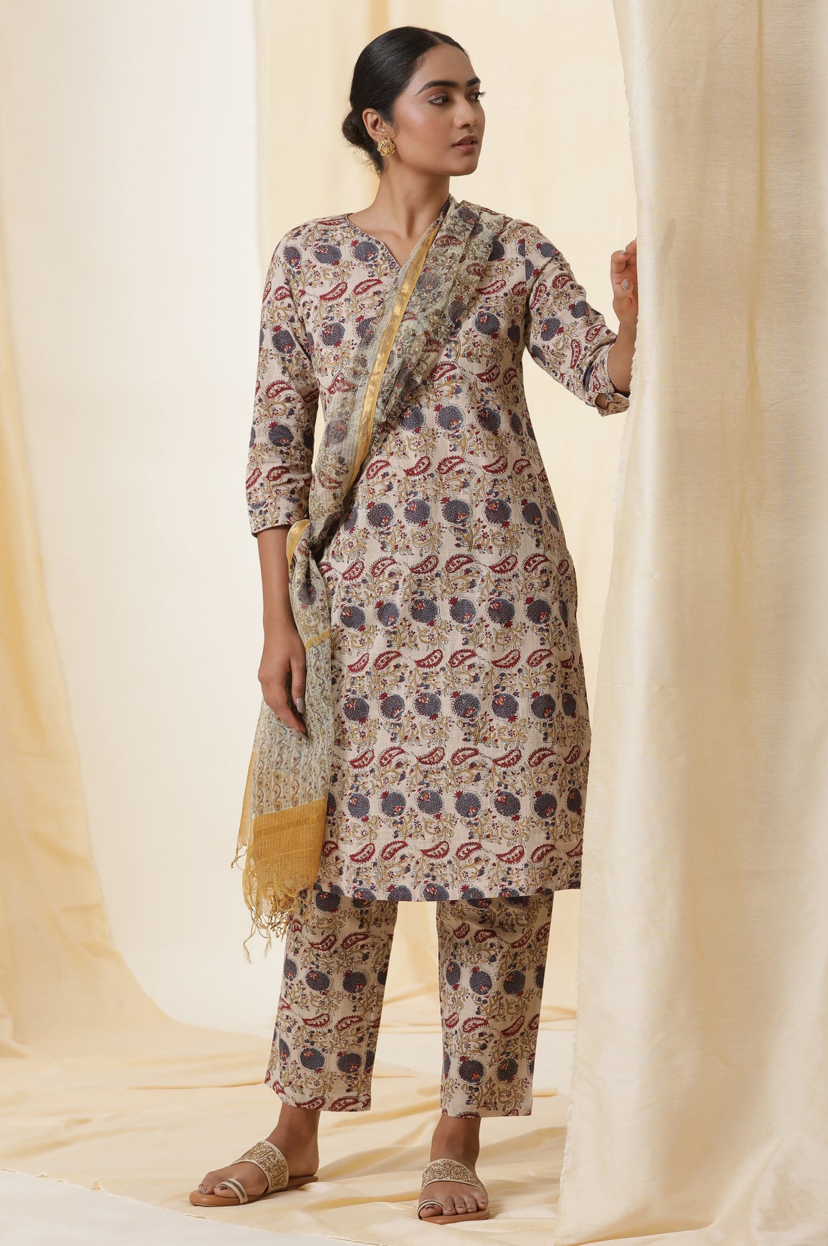 Beige Block Printed Cotton Slub Kurta, Pants And Dupatta Set - XS