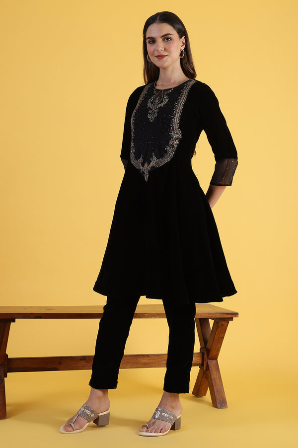 Black Solid Metallic Embroidery Flared Kurta & Straight pant with Dupatta Set