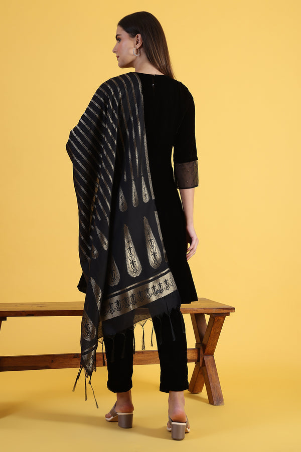 Black Solid Metallic Embroidery Flared Kurta & Straight pant with Dupatta Set